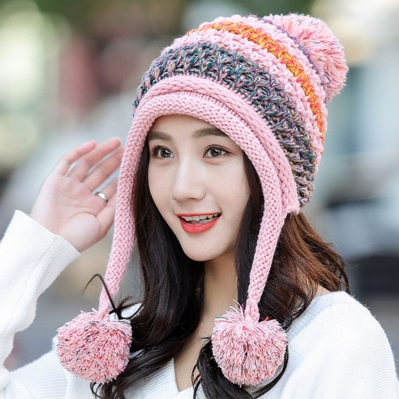 Accessories - Winter Colorful Knit Pom Pom Hat Fleece Lined